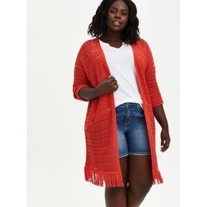 Torrid Orange Drop Shoulder Pointelle Crochet Fringe‎ Duster Cardigan Size 10